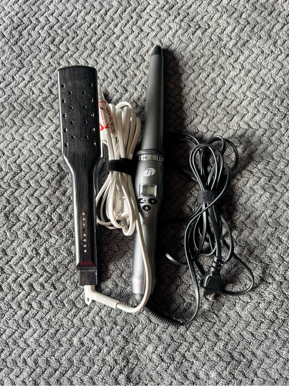 T3 Black Ceramic Curling Wand and Straightening Brush Set